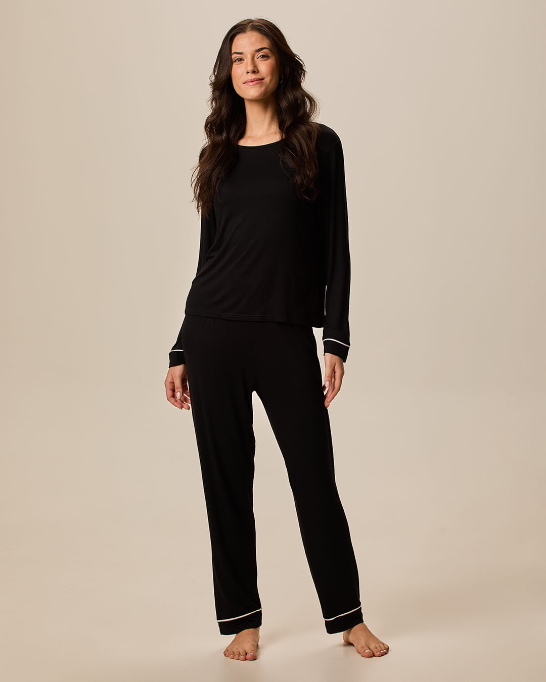 Pijama Longo Feminino Detalhe Costura Contraste Calça Reta Em Viscose Stretch