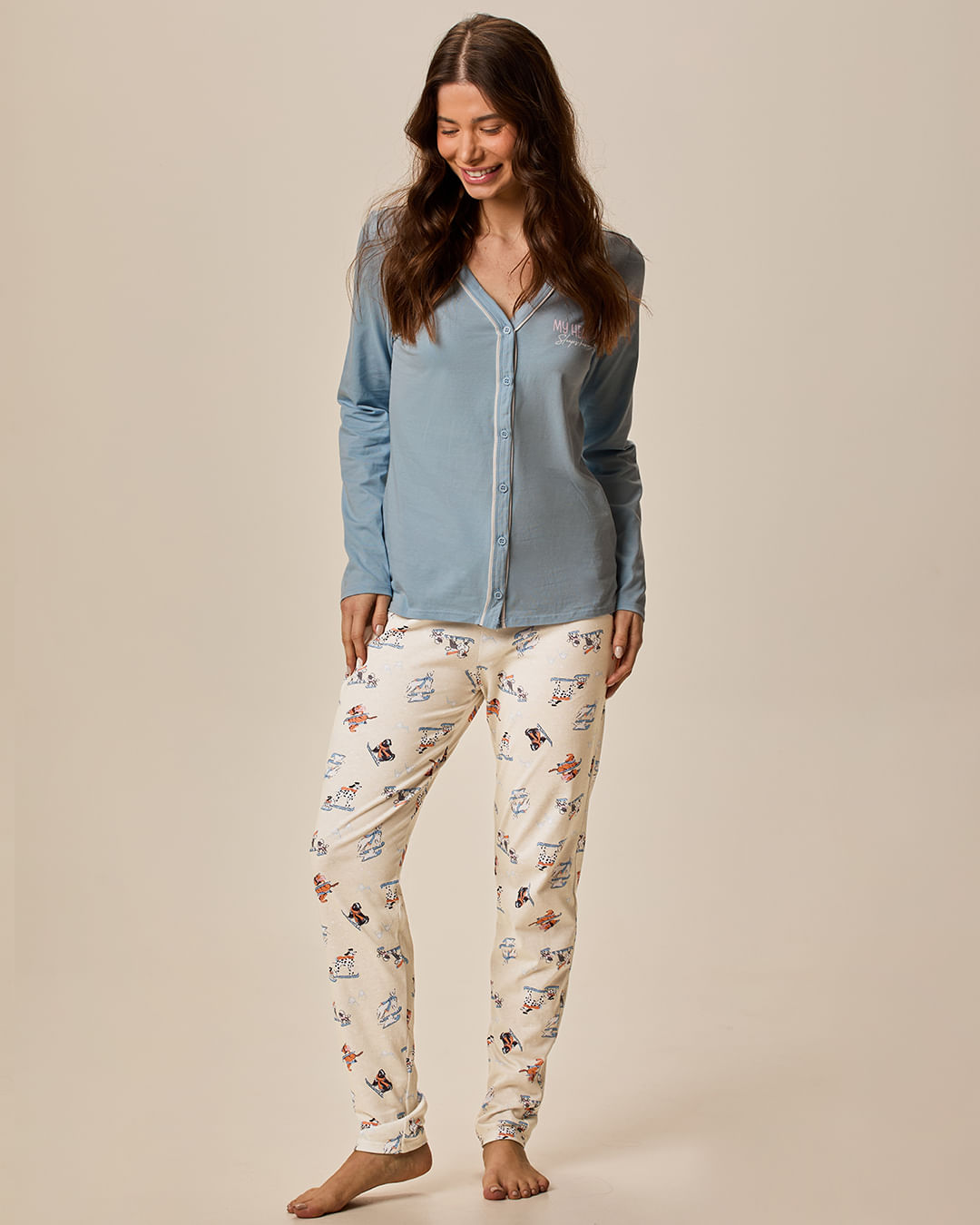 Pijama Longo Feminino Camiseta Abotoamento Frontal Em Malha 100% Algodão