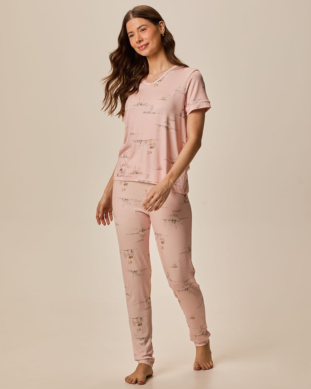 Pijama Longo Feminino Estampa Animal Blusa E Calça Em Viscose Stretch