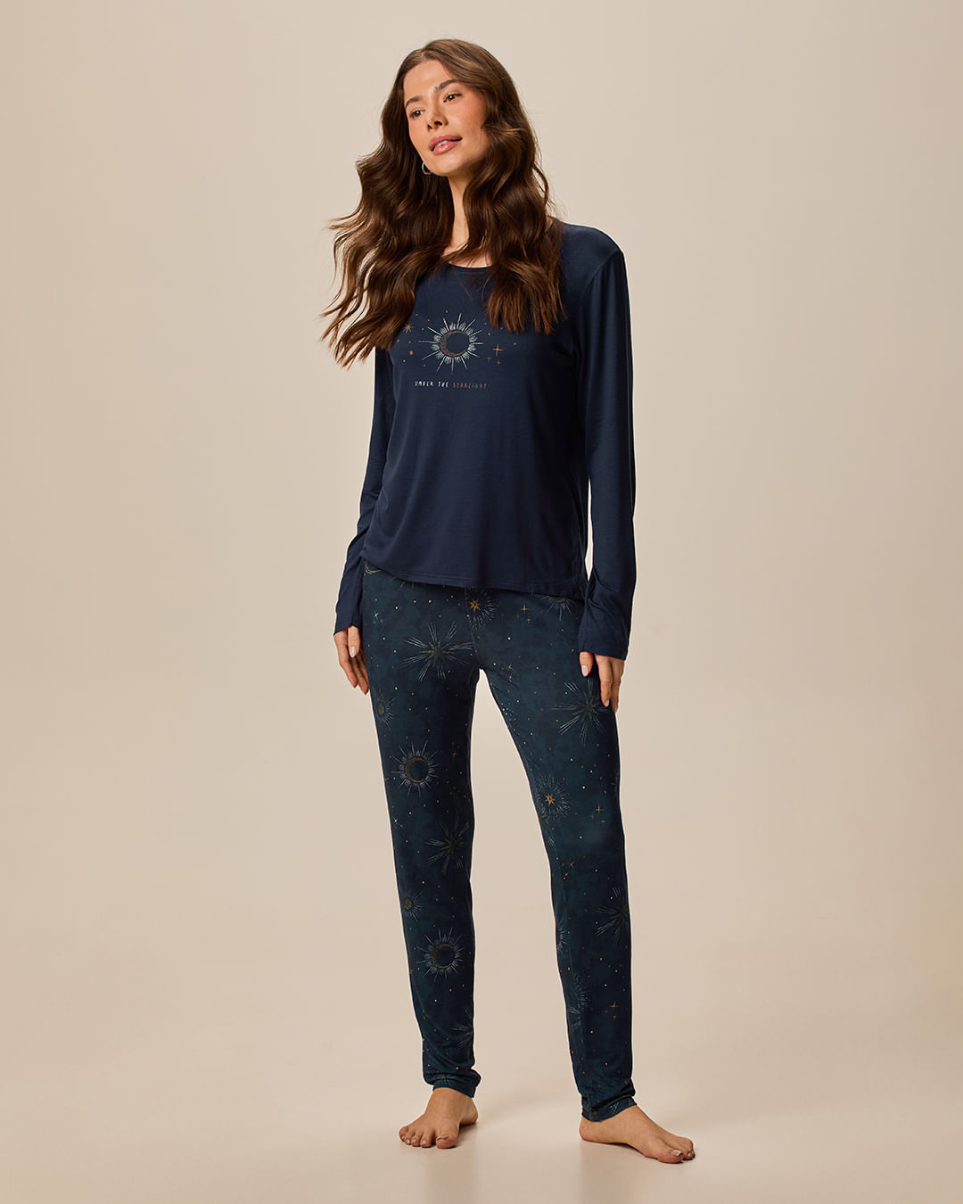 Pijama Longo Feminino Blusa Estampa Frontal E Calça Em Viscose Stretch