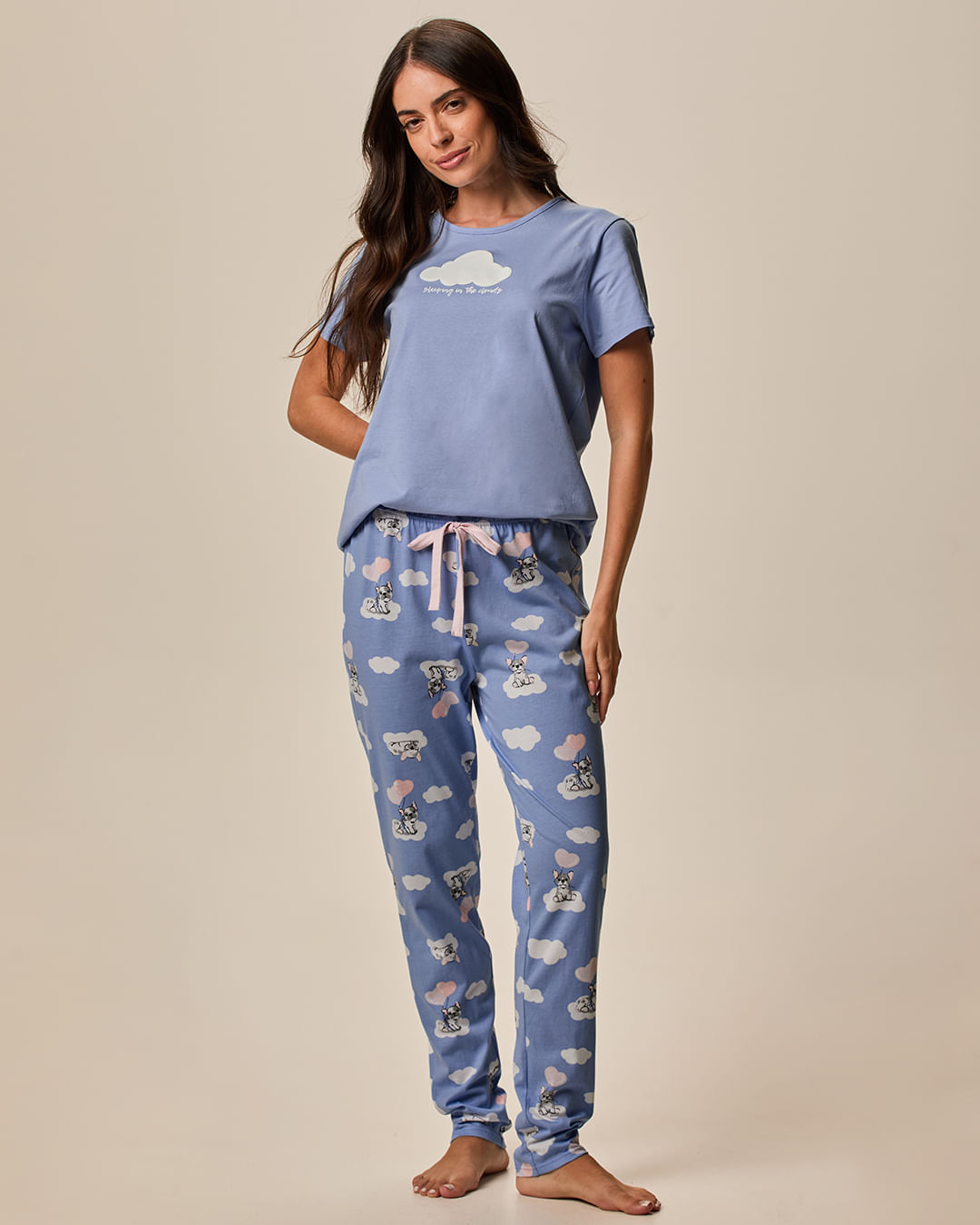 Pijama Longo Feminino Blusa Estampa Puf E Calça f Em Malha 100% Algodão - Azul - GG
