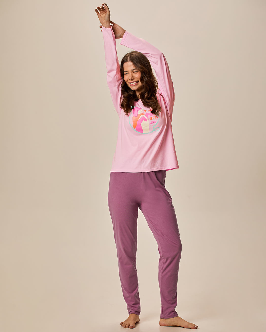 Pijama Longo Feminino Blusa Wild West Em Malha 100% Algodão