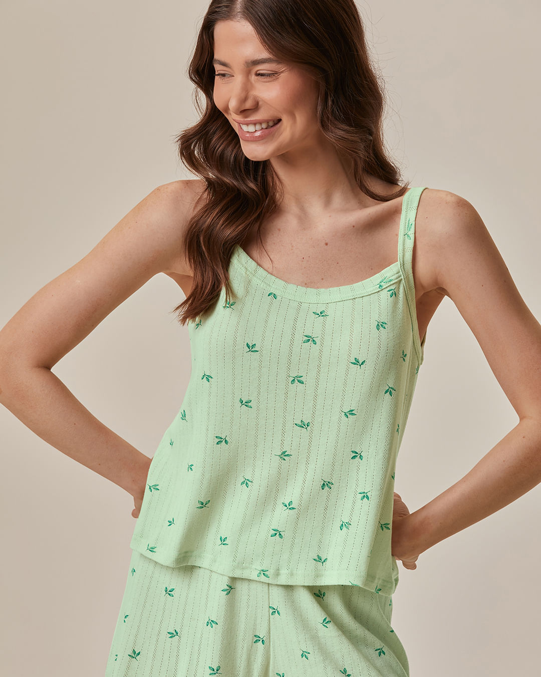 Pijama Curto Feminino Estampado Em Malha Jacquard Texturizada