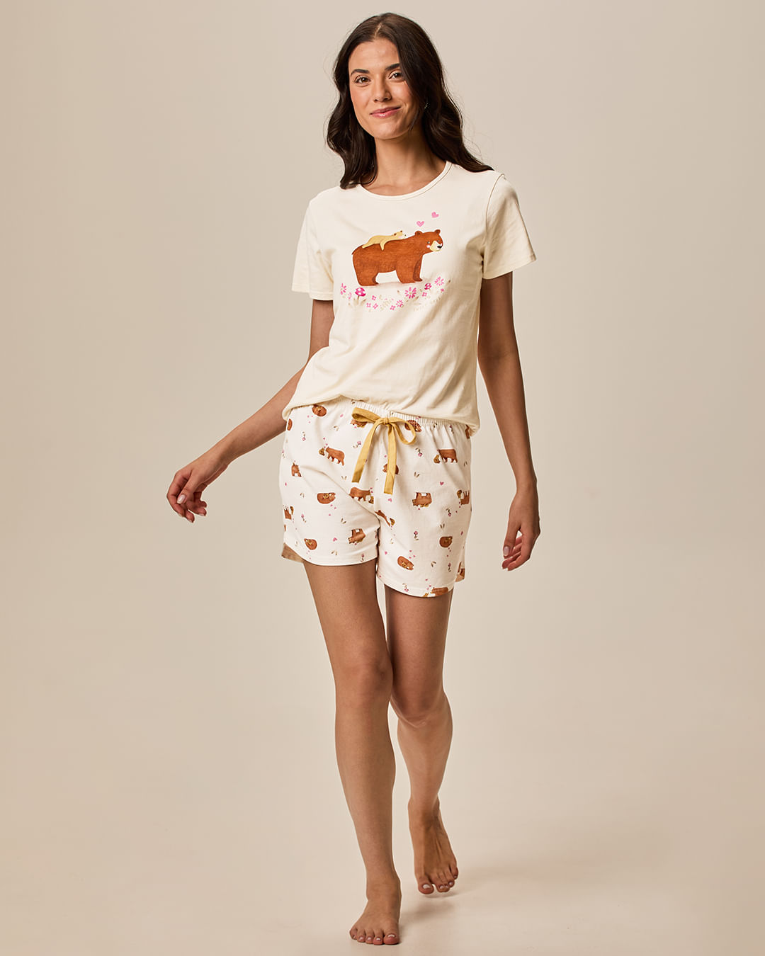 Pijama Curto Feminino Shorts Runner Estampado Em Malha Algodão