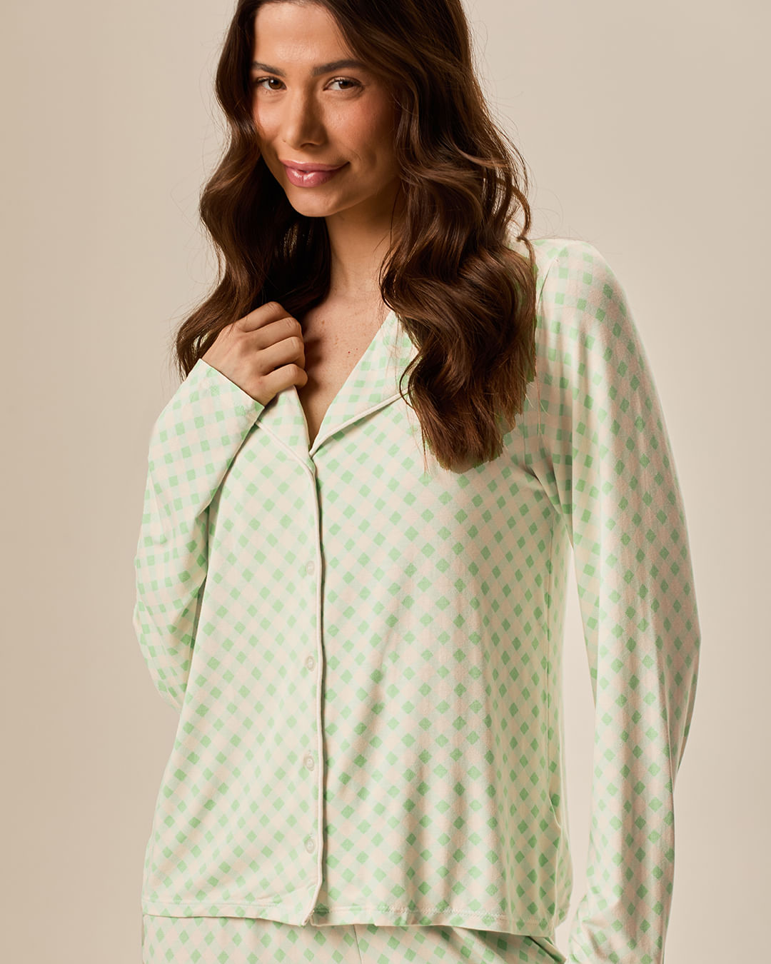 Pijama Longo Feminino Americano Estampa Xadrez em Viscose Stretch