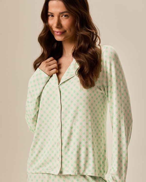 Pijama Longo Feminino Americano Estampa Xadrez em Viscose Stretch Verde - G