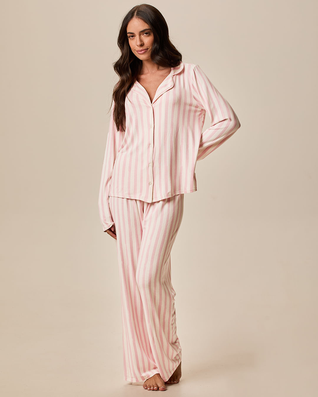 Pijama Longo Feminino Americano Estampa Listrada em Viscose Stretch