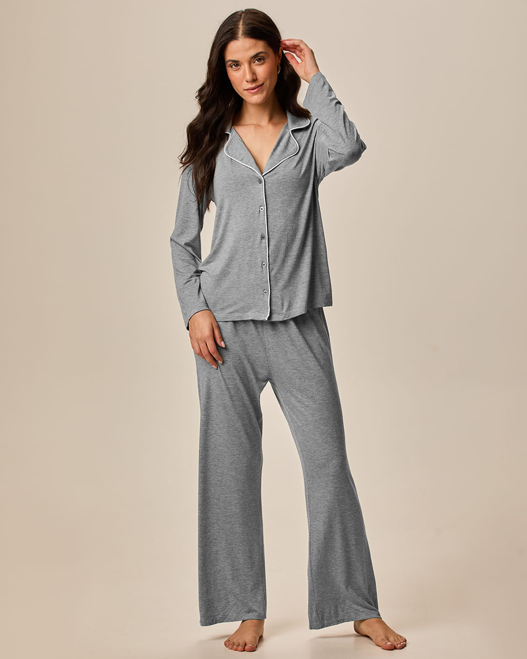 Pijama Longo Feminino Americano Blusa E Calça Em Viscose Stretch