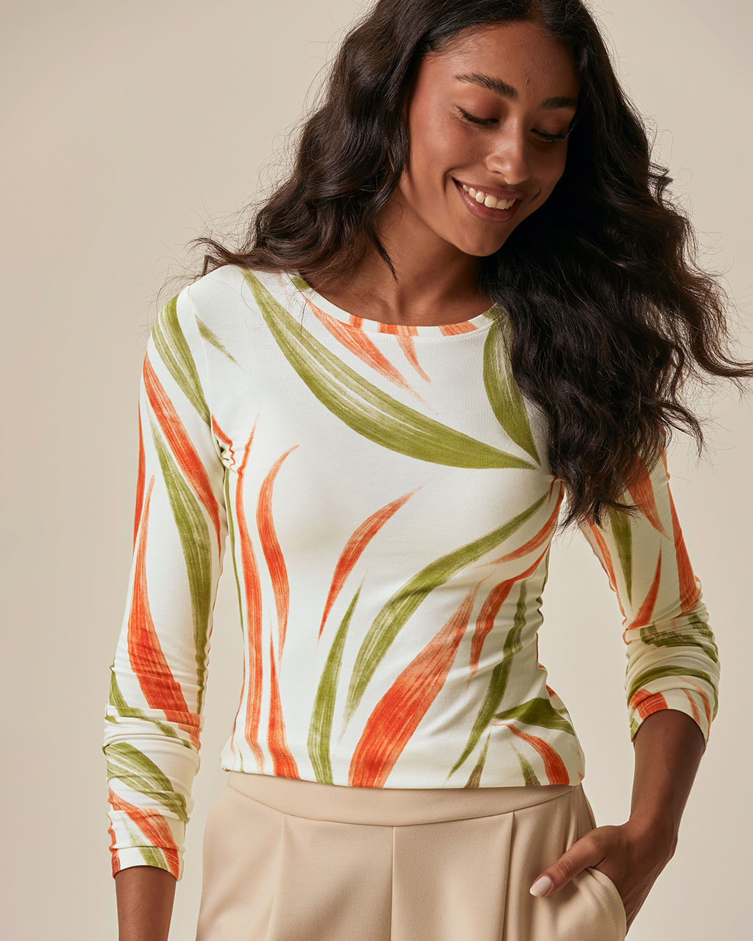 Blusa Feminina Estampada Decote Redondo Manga Longa Em Viscose Stretch