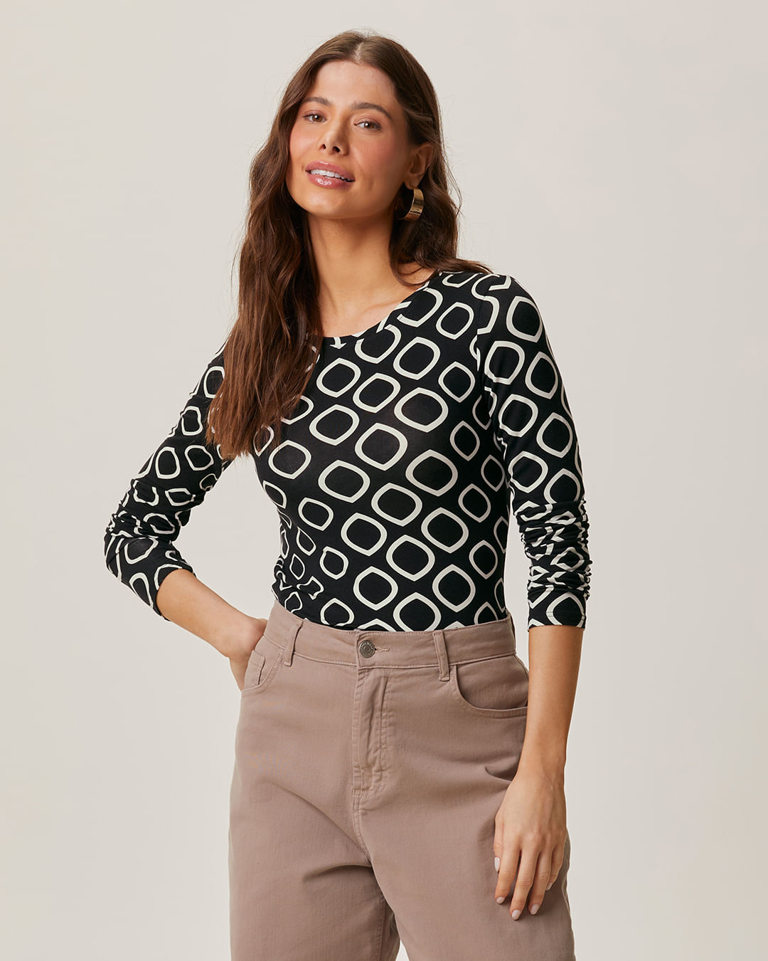 Blusa Feminina Estampada Decote Redondo Manga Longa Em Viscose Stretch
