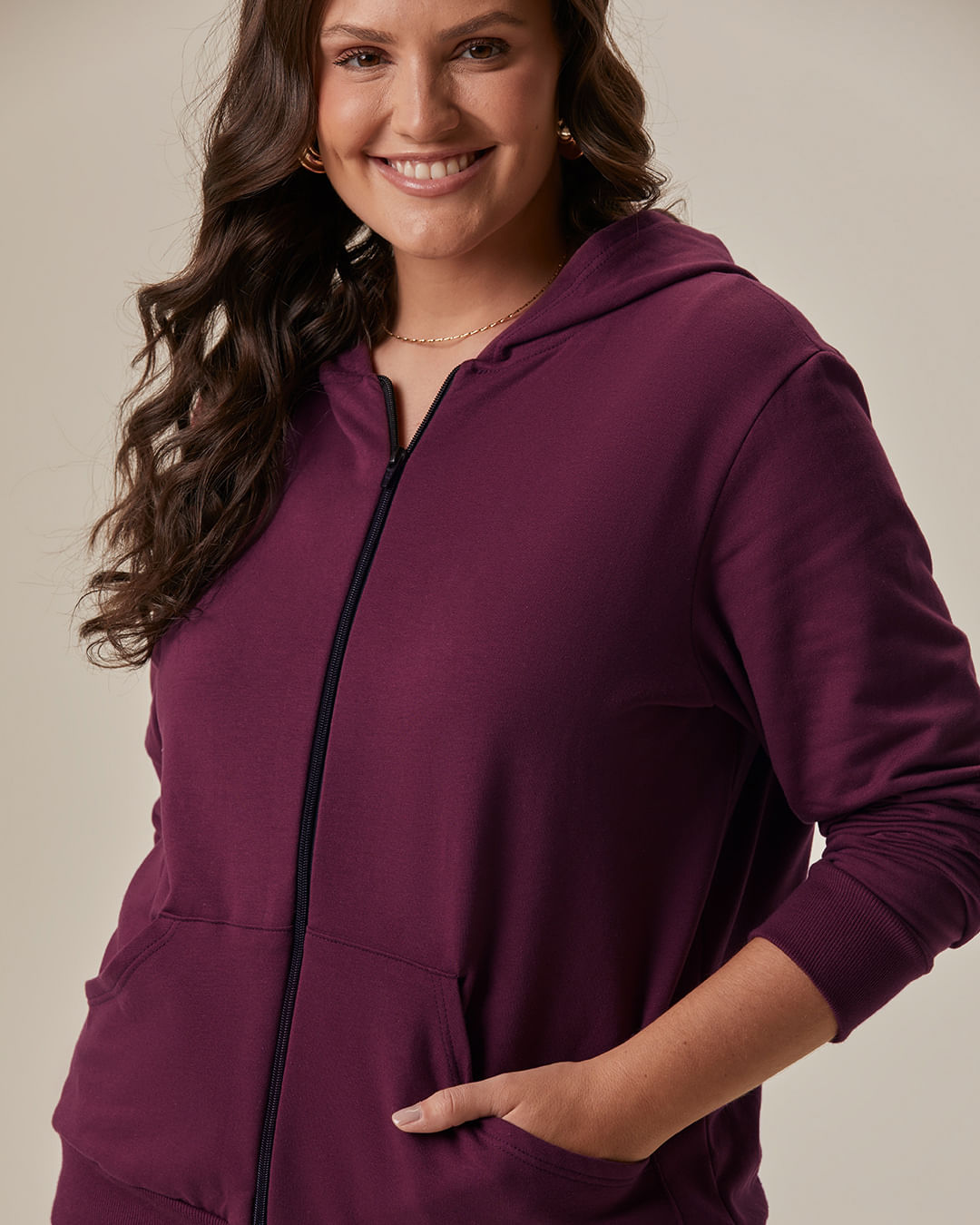 Jaqueta Básica Feminina Plus Size Em Moletom Stretch Flanelado