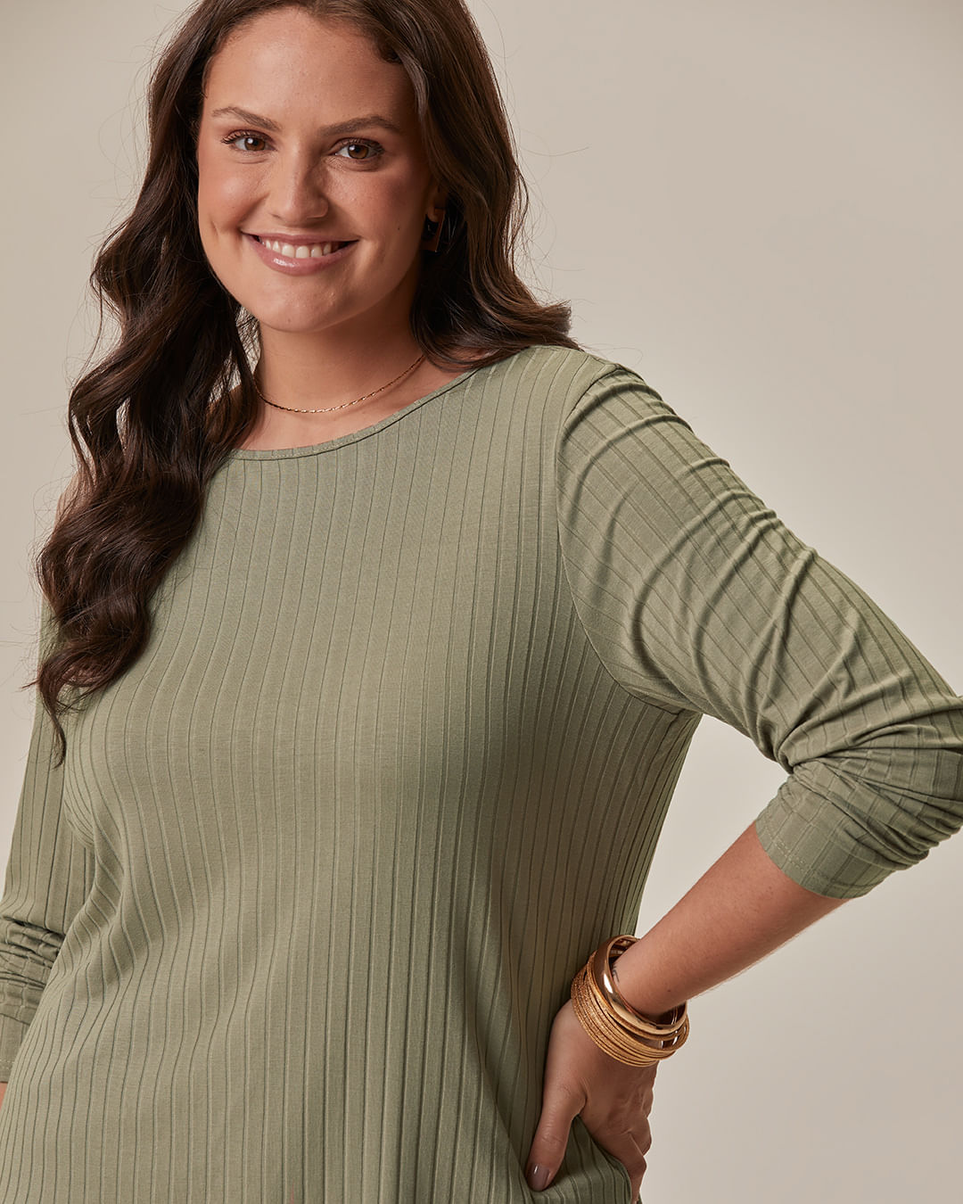 Blusa Básica Feminina Plus Size Manga Longa Em Canelado De Viscose