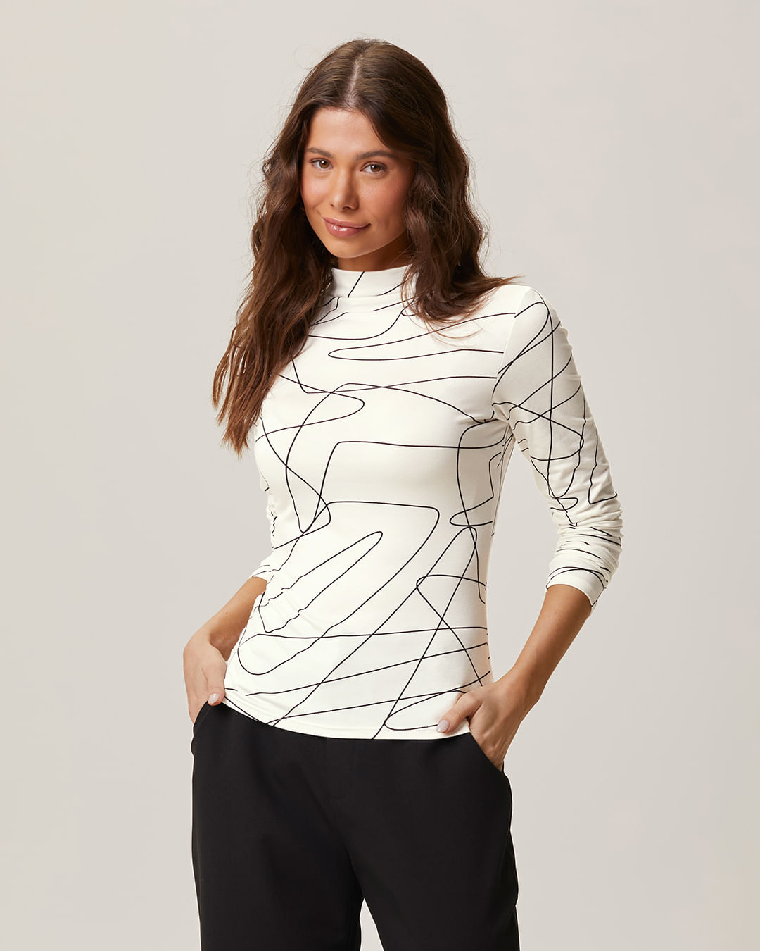 Blusa Feminina Estampada Gola Alta Em Viscose Stretch