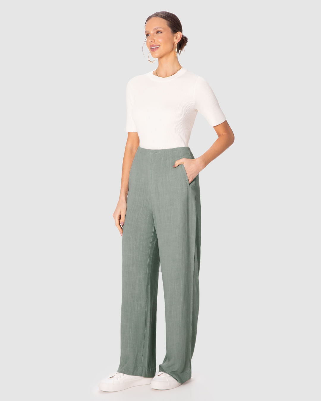 Calça Feminina Reta Bolso Funcional Em Viscolinho