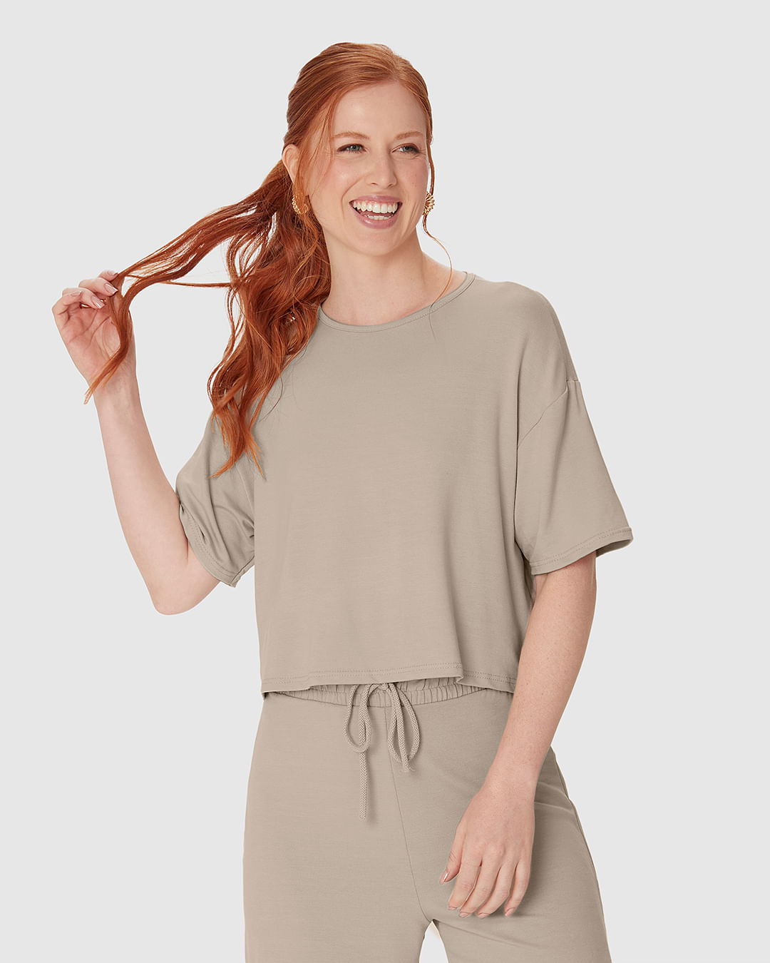 Blusa Ampla Feminina Manga Curta Em Malha Tweed E Moletinho