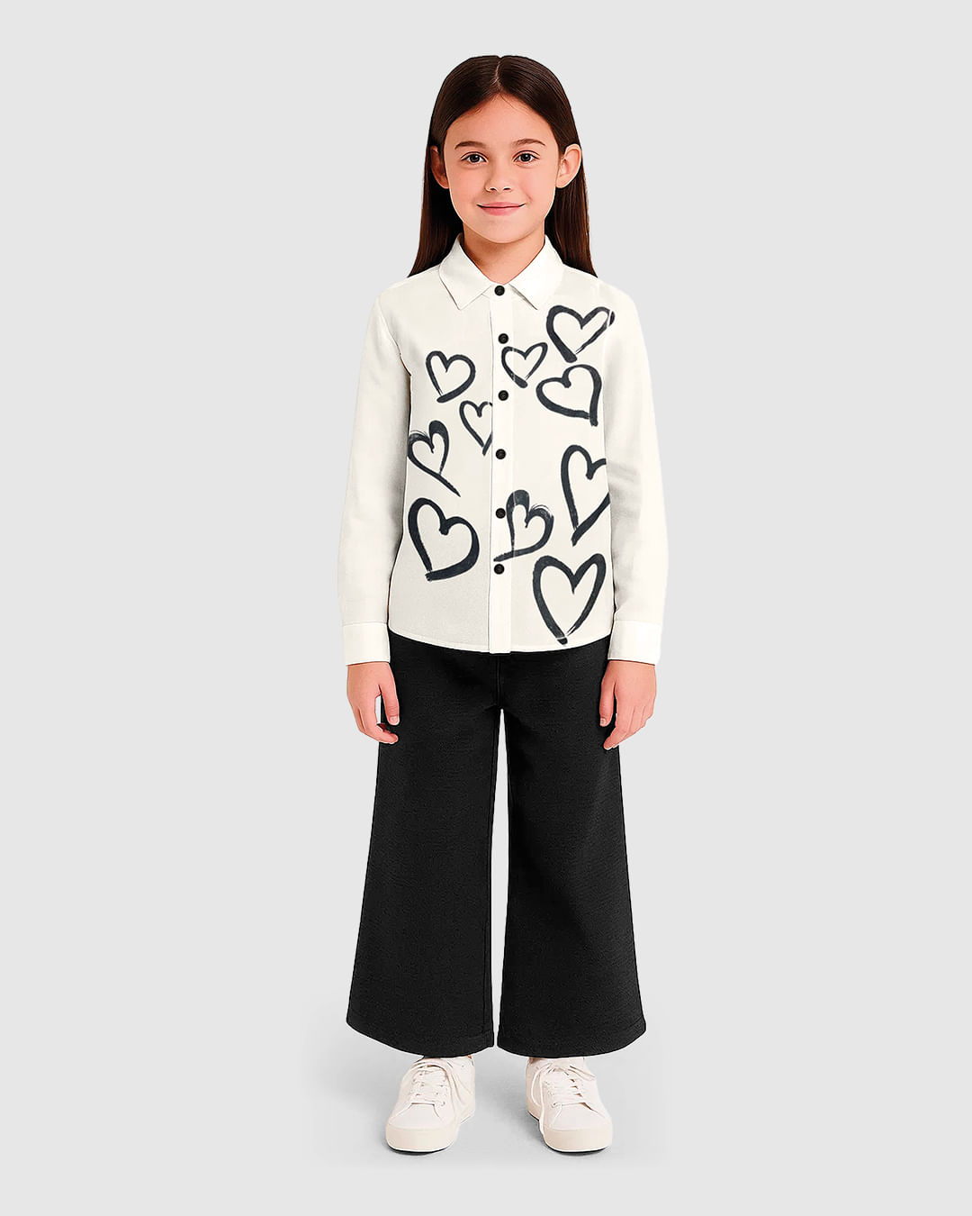 Camisa Menina Oversized Estampa Coração em Sarja 100% Algodão - Carinhoso