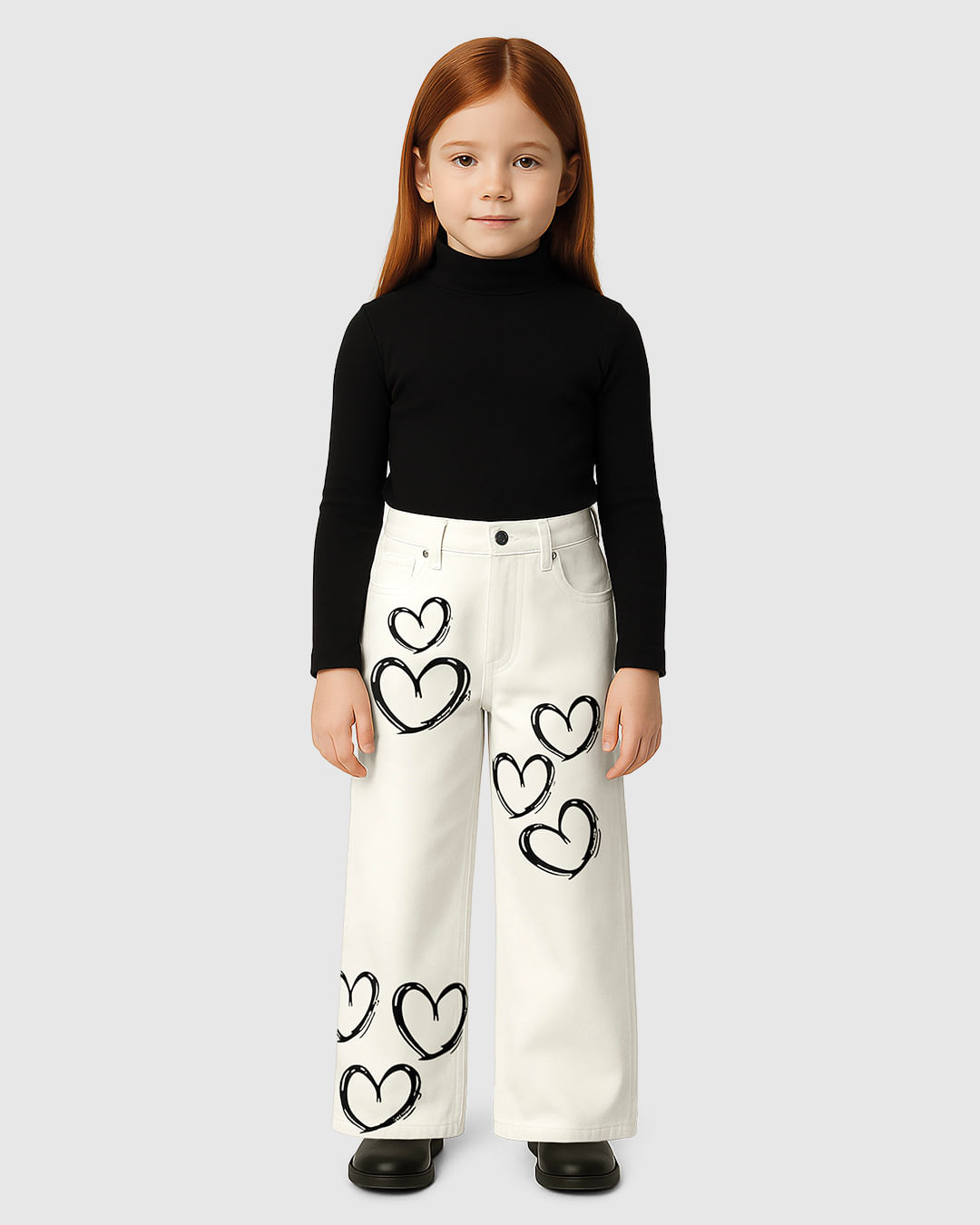 Calça Menina Wide Leg Estampa Coração em Sarja Stretch - Carinhoso