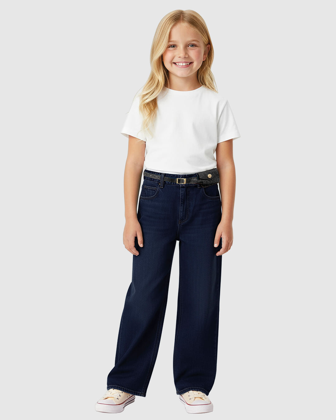 Calça Menina Wide Leg Acompanha Cinto Em Jeans Com Elastano - Carinhoso