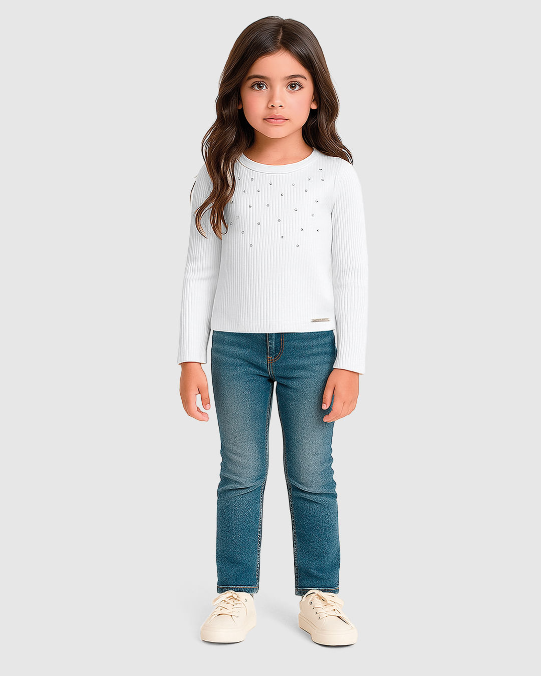 Blusa Menina Aplique Com Strass Manga Longa Em Ribana - Carinhoso
