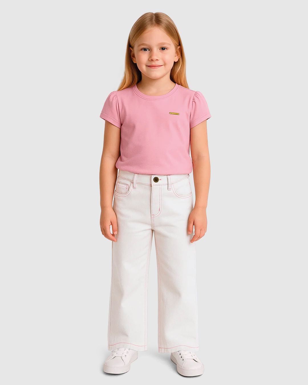 Calça Menina Wide Leg Bordado Laço Bolso Costas em Sarja Stretch  - Carinhoso