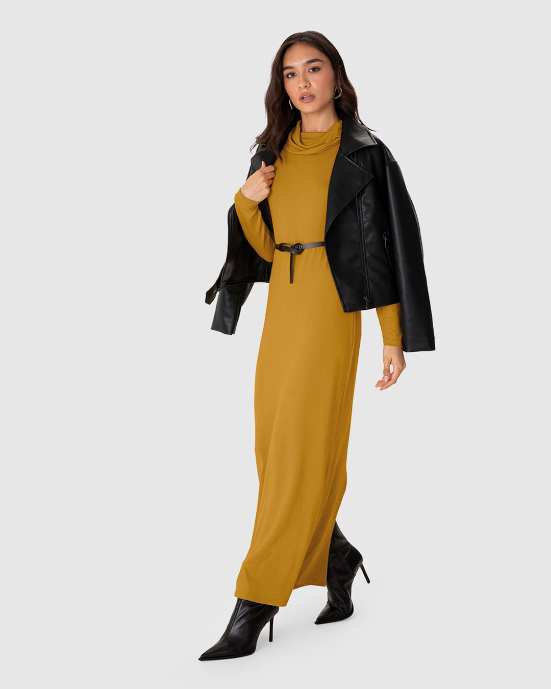 Vestido Midi Feminino Reto Manga Longa Acompanha Cinto em Viscose Stretch - ENFIM