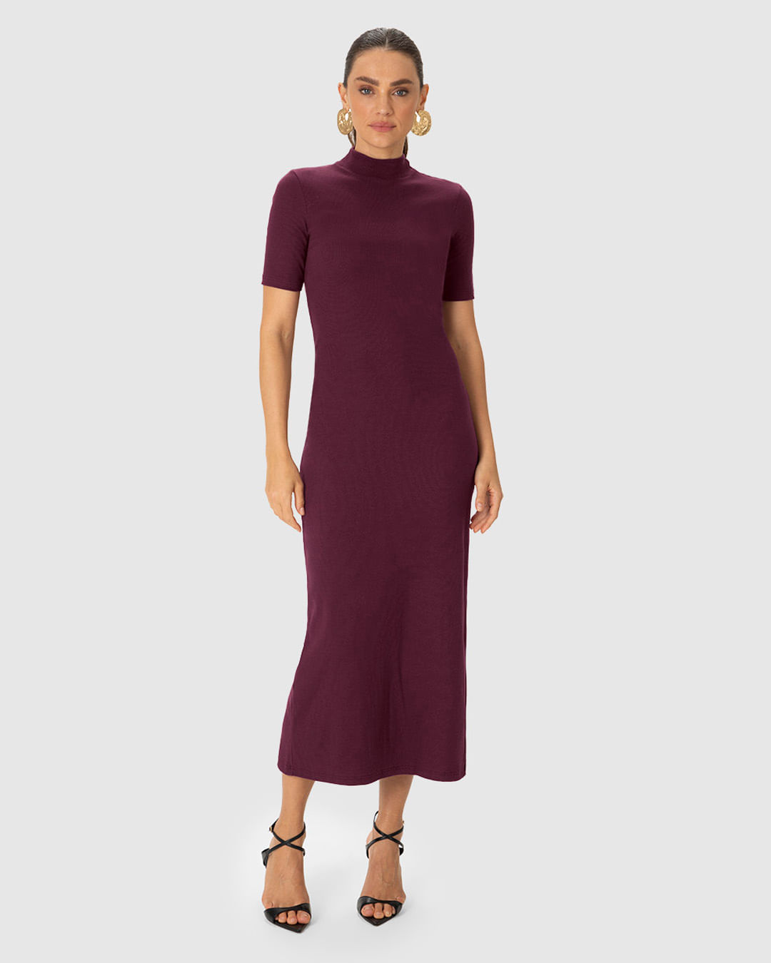 Vestido Midi Feminino Gola Alta Fenda Costas Em Ribana Canelada - ENFIM