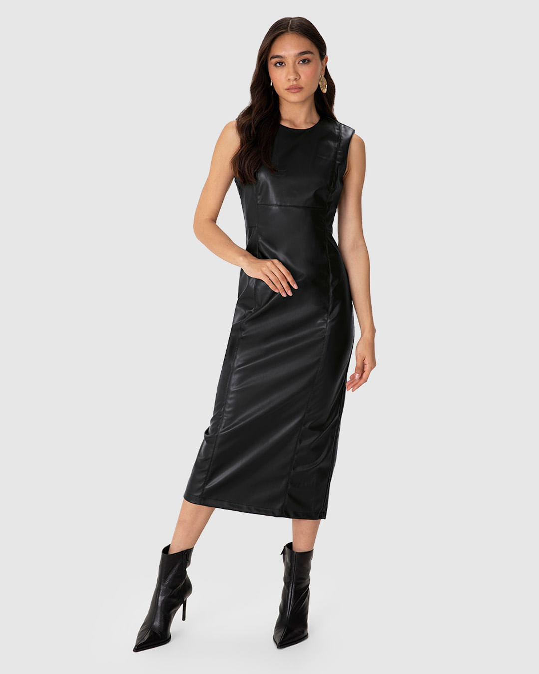 Vestido Midi Feminino Reto Fenda Costas em PU Corino - ENFIM