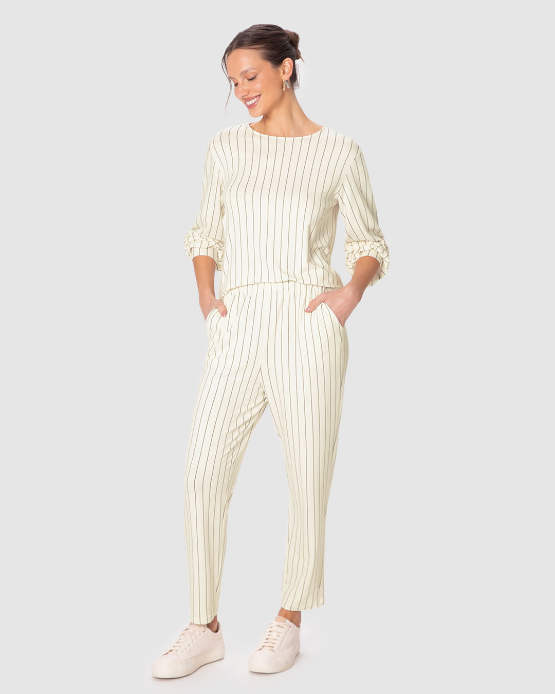 Conjunto Feminino Listrado Calça Bolso Faca Em Moletinho De Viscose