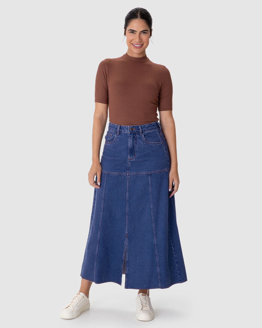 Saia Midi Feminina Evasê Detalhe Recortes E Fenda Em Jeans 100% Algodão