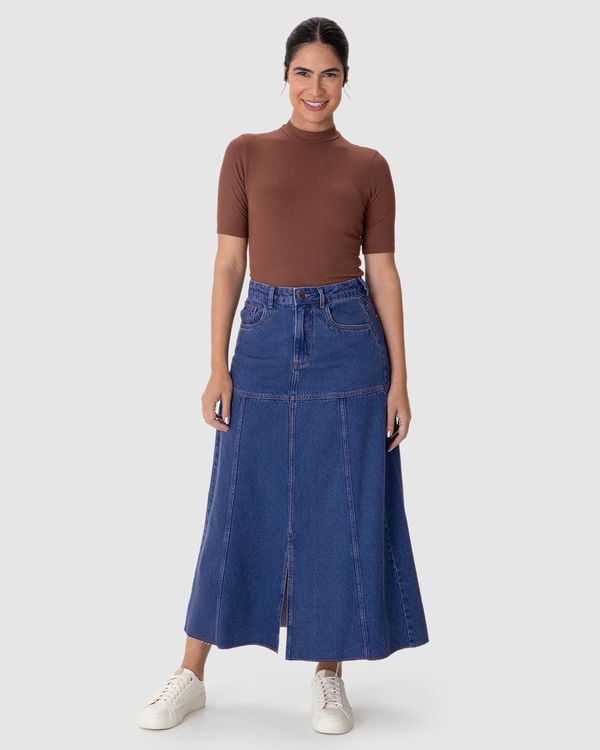 Saia Midi Feminina Evasê Detalhe Recortes E Fenda Em Jeans 100% Algodão Azul - 36