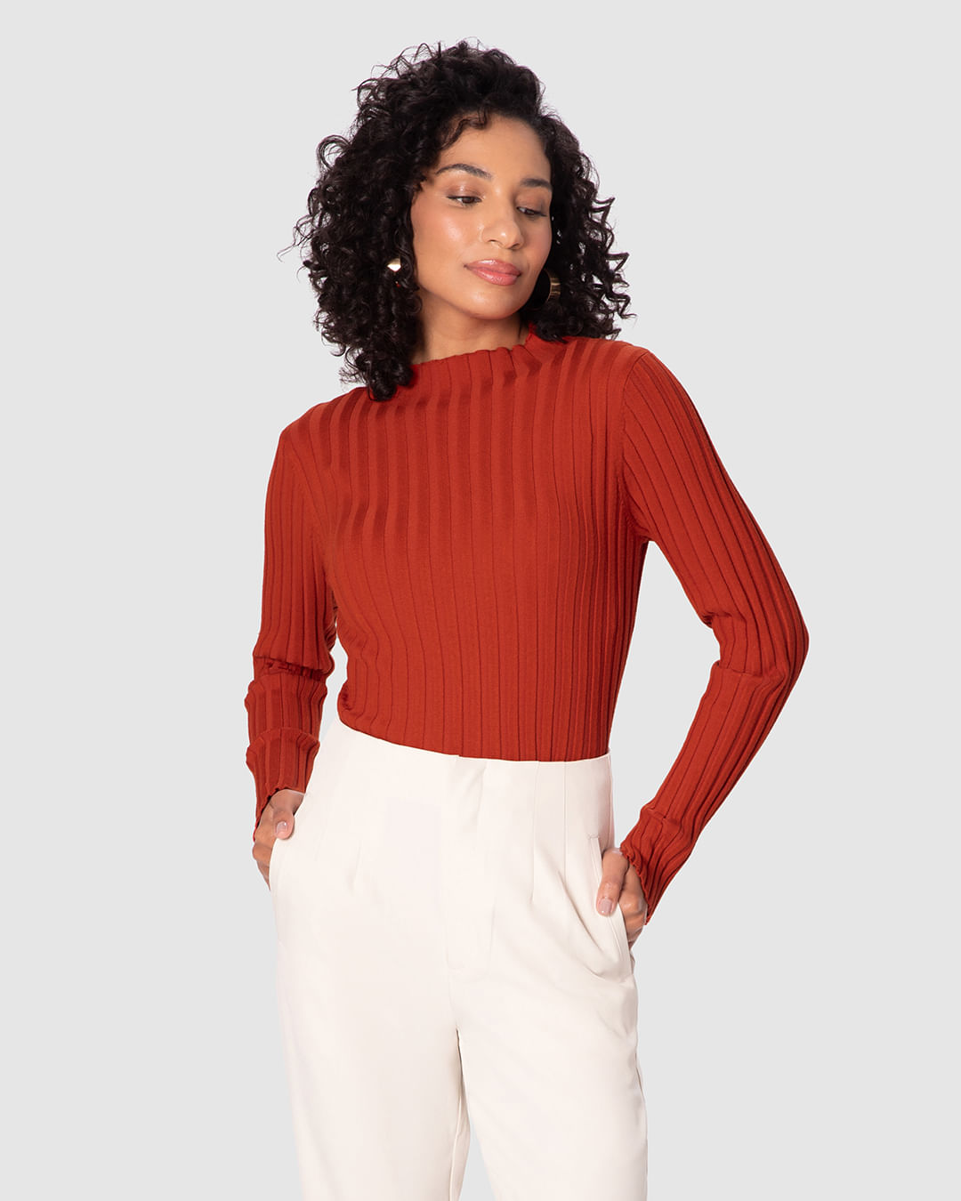 Blusa Justa Feminina Manga Longa Fenda No Punho Em Tricô