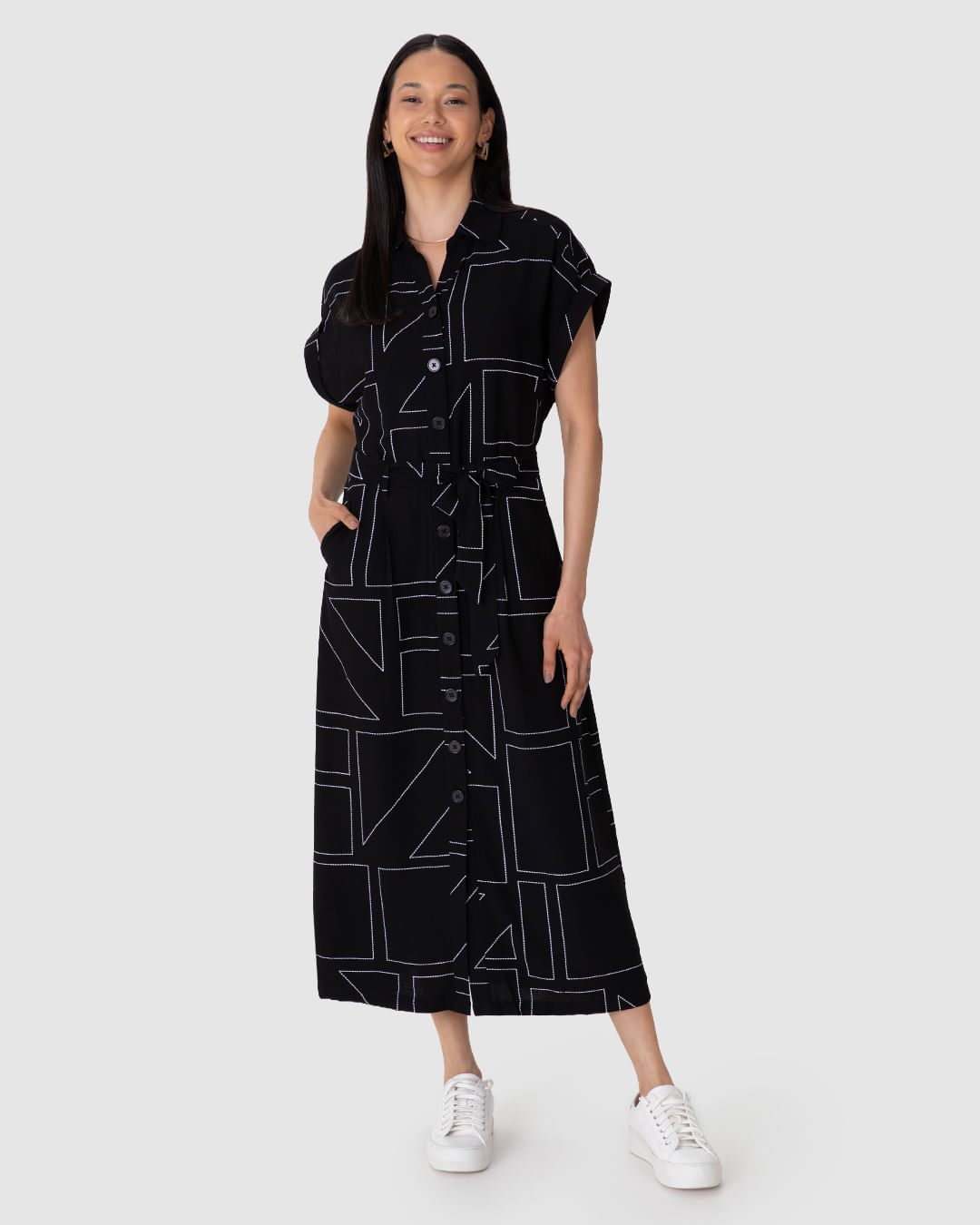 Vestido Midi Feminina Chemise Detalhe Amarração Em Tecido Mescla Viscose - Preto - M