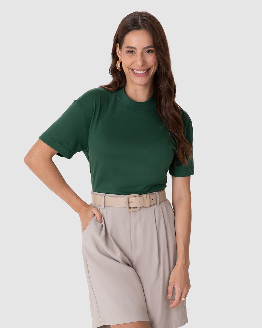 Blusa Básica Feminina Gola Alta Manga Curta Em Algodão