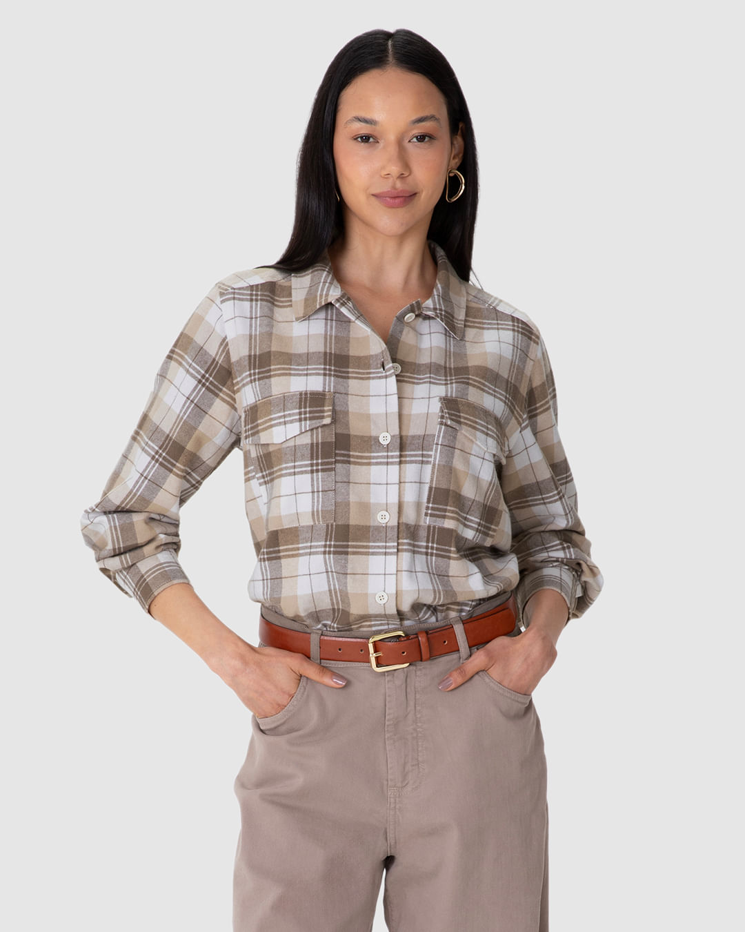 Camisa Feminina Xadrez Bolso Frontal Em Tricô Flanelado