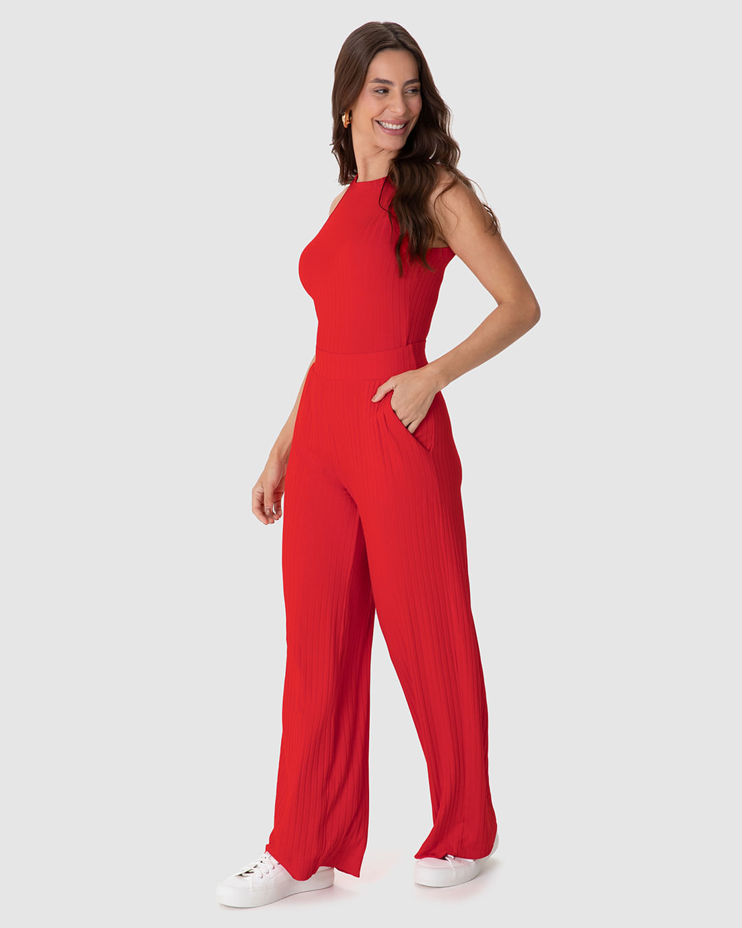 Calça Wide Leg Feminina Cintura Alta Em Malha Canelada De Viscose