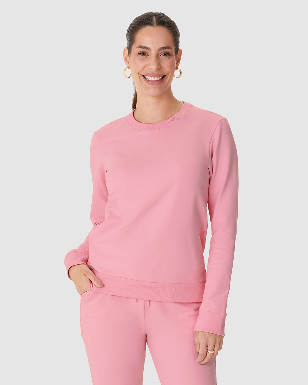 Blusão Básico Feminino Manga Longa Em Moletom Stretch
