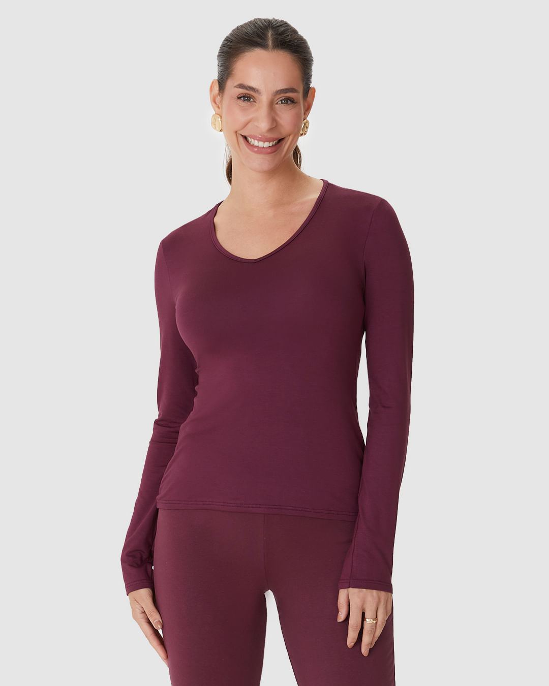 Blusa Básica Feminina Gola V Manga Longa Em Viscose Stretch