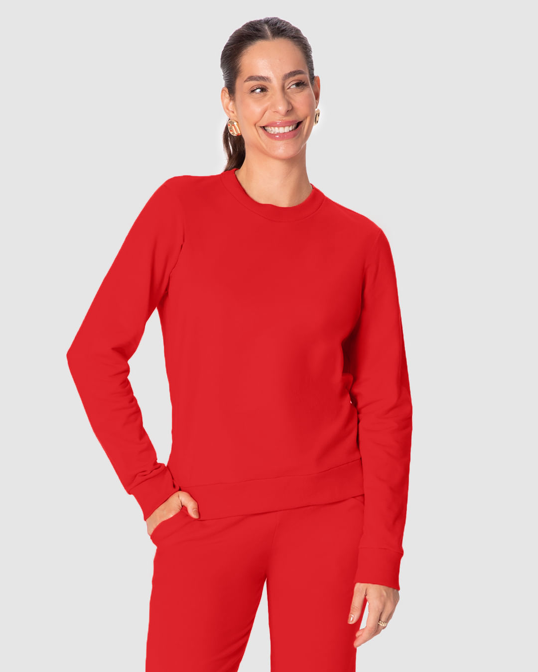 Blusão Básico Feminino Decote Redondo Em Moletom Stretch Flanelado