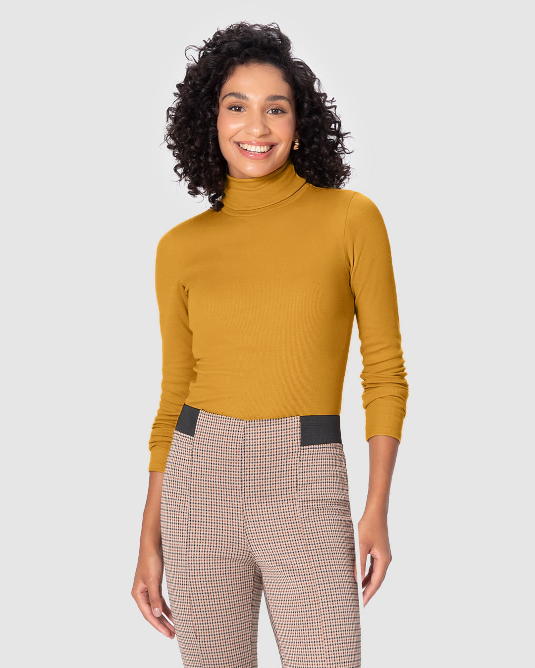 Blusa Básica Feminina Gola Alta Manga Longa Em Ribana