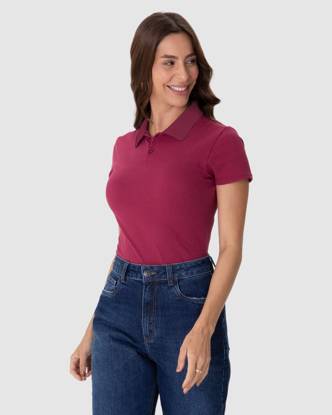 Blusa Polo Básica Feminina Com Peitilho Em Piquet Stretch