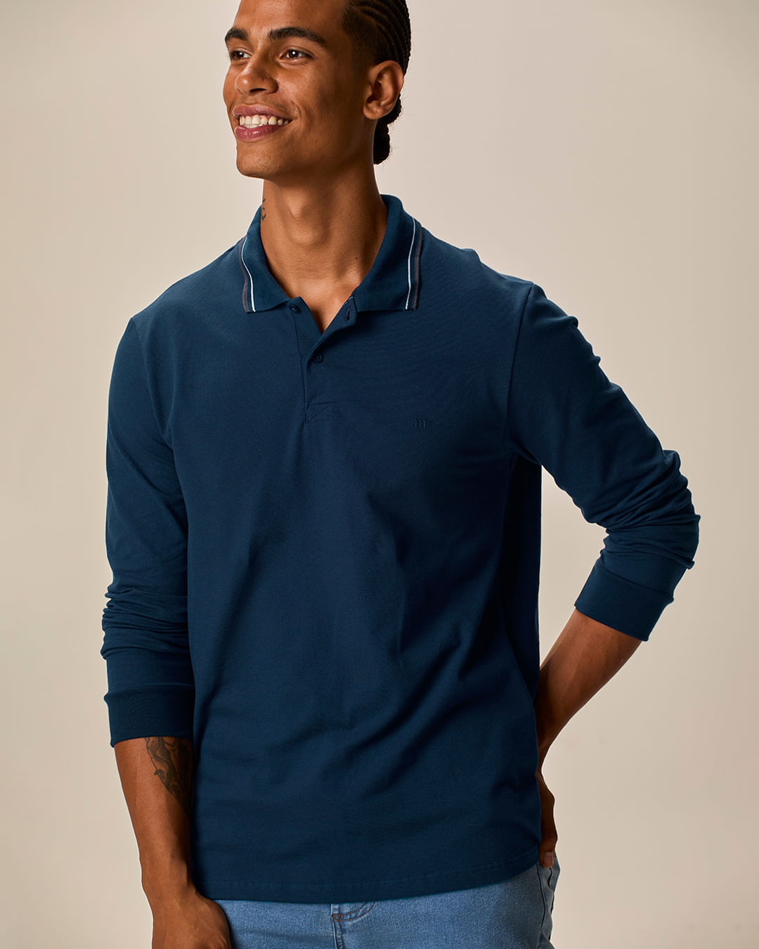 Camisa Polo Básica Masculina Gola Retilínea Manga Longa Em Piquet Stretch