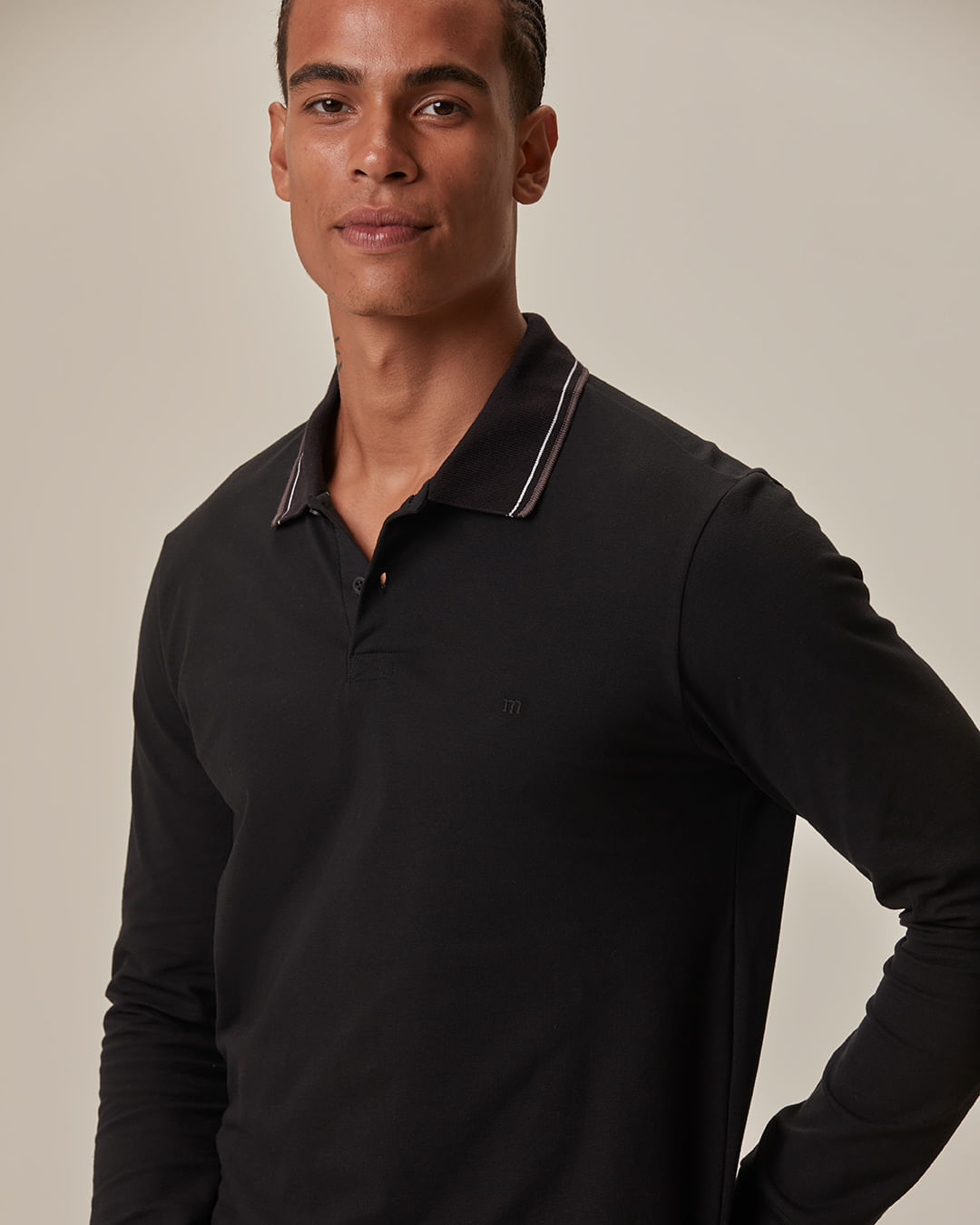 Camisa Polo Básica Masculina Gola Retilínea Manga Longa Em Piquet Stretch