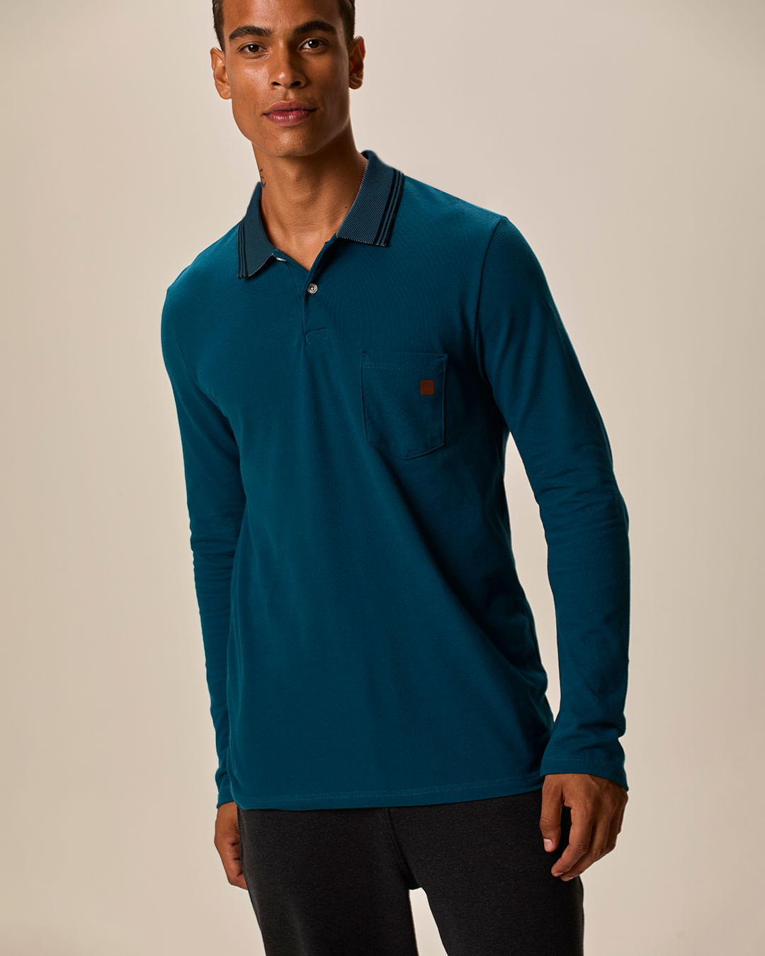 Camisa Polo Básica Masculina Bolso Frontal Manga Longa Em Piquet Premium