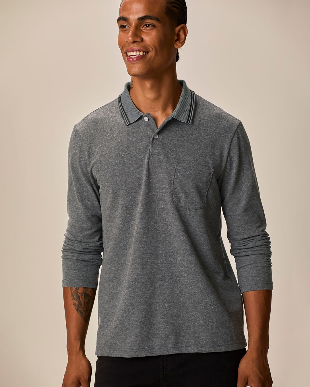Camisa Polo Básica Masculina Bolso Frontal Manga Longa Em Piquet Premium