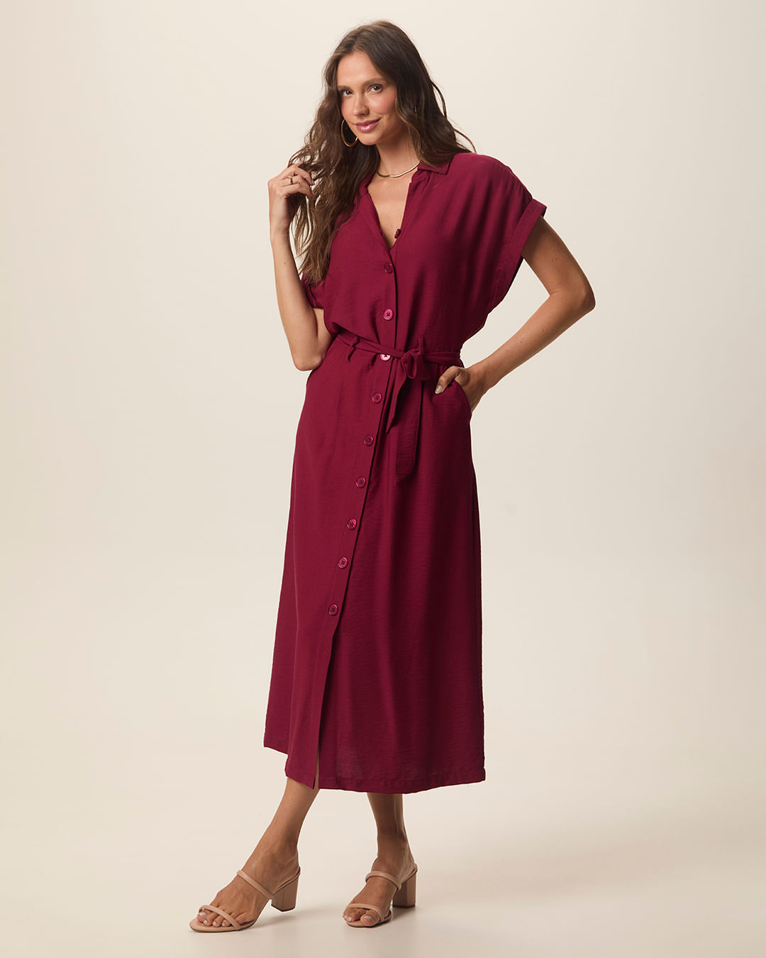 Vestido Midi Feminina Chemise Detalhe Amarração Em Tecido Mescla Viscose