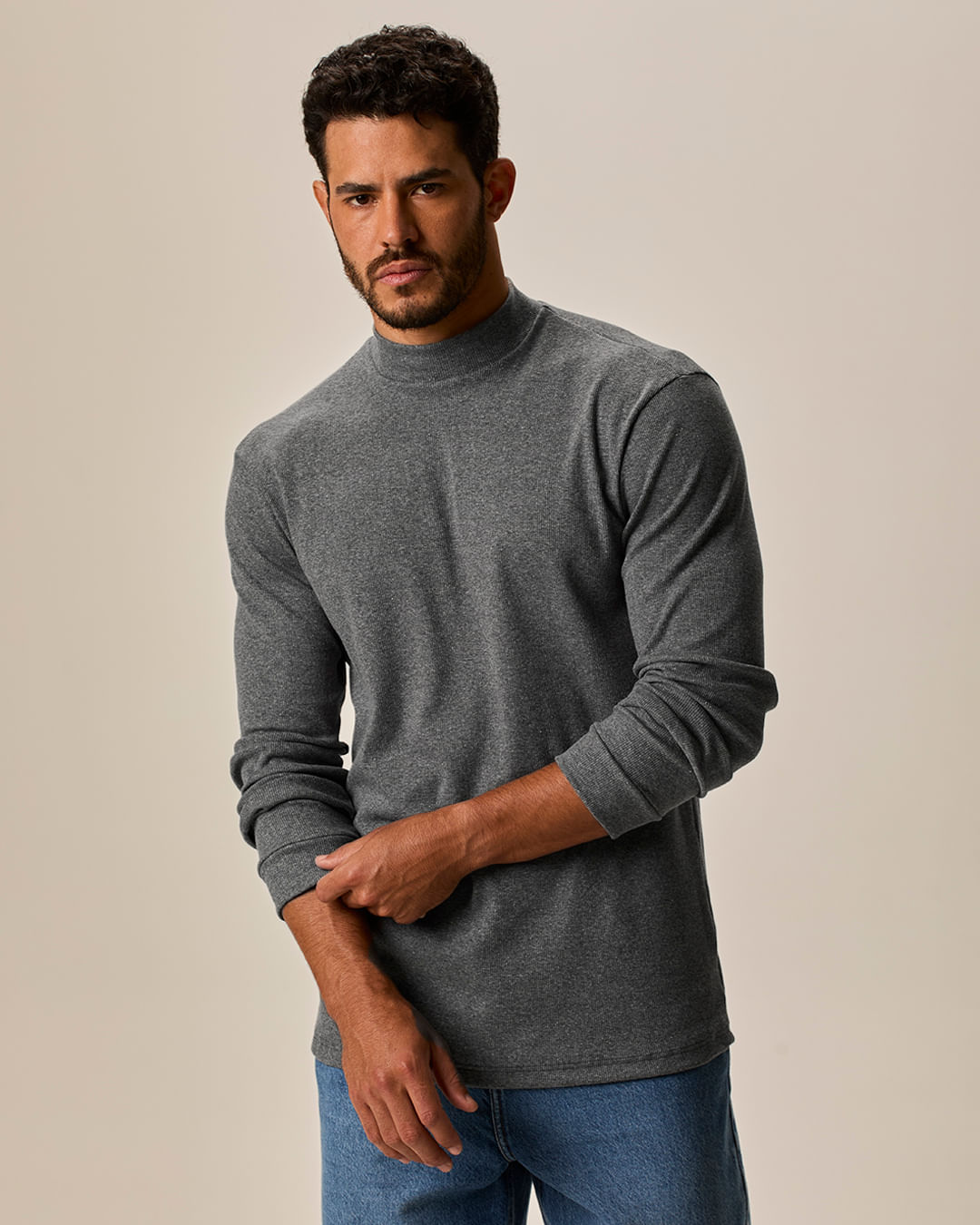 Camiseta Básica Masculina Gola Alta Em Ribana