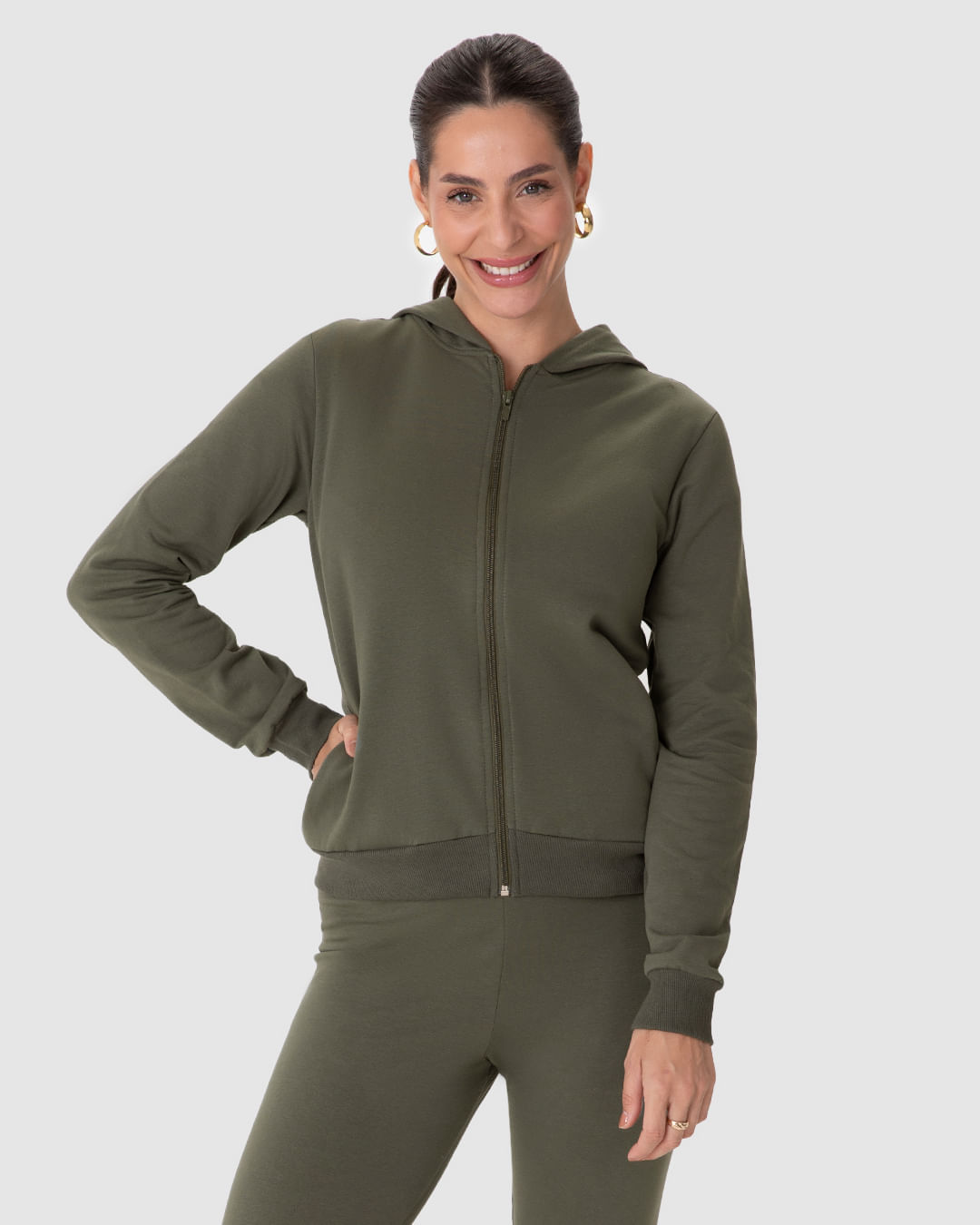 Jaqueta Básica Feminina Com Capuz Moletom Stretch Flanelado