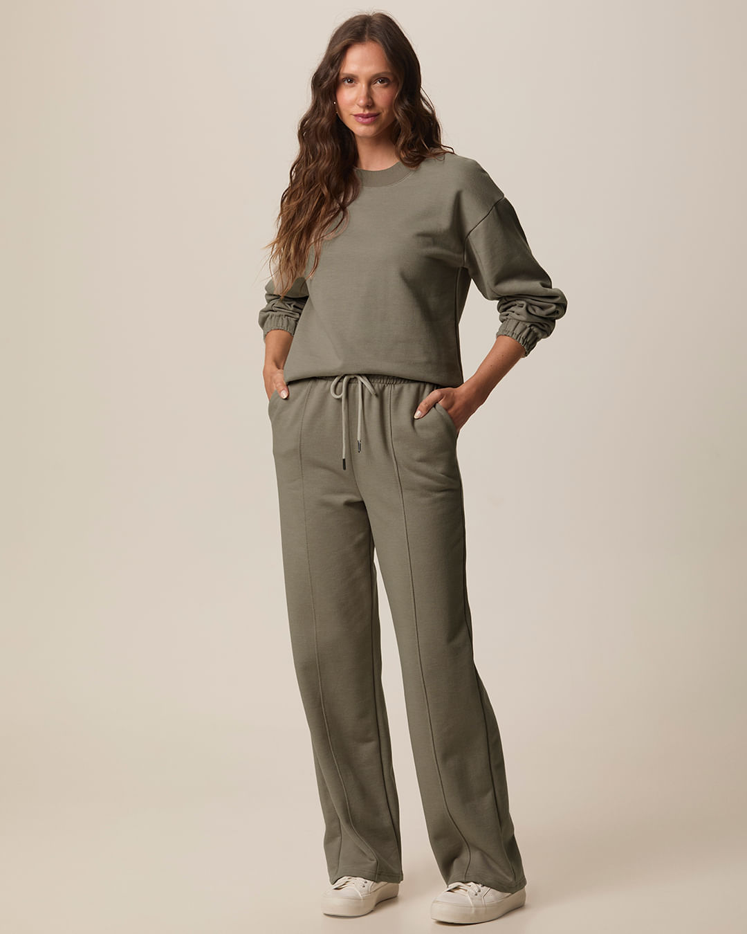 Calça Reta Feminina Cós Elástico Em Moletom Mesclado Flanelado - Marrom - P