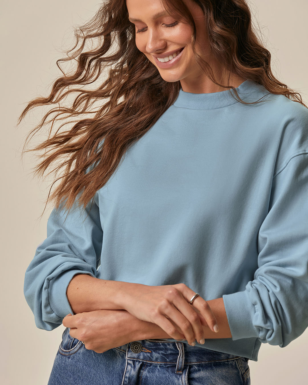 Blusão Básico Feminino Cropped Em Moletom Stretch Flanelado