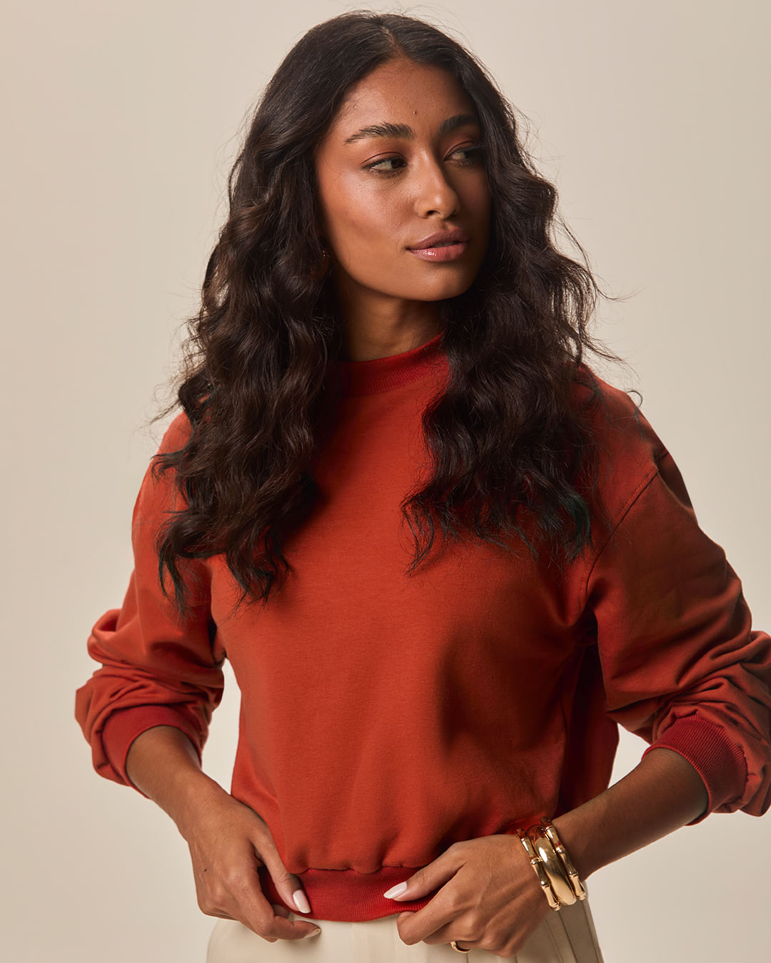 Blusão Básico Feminino Cropped Em Moletom Stretch Flanelado